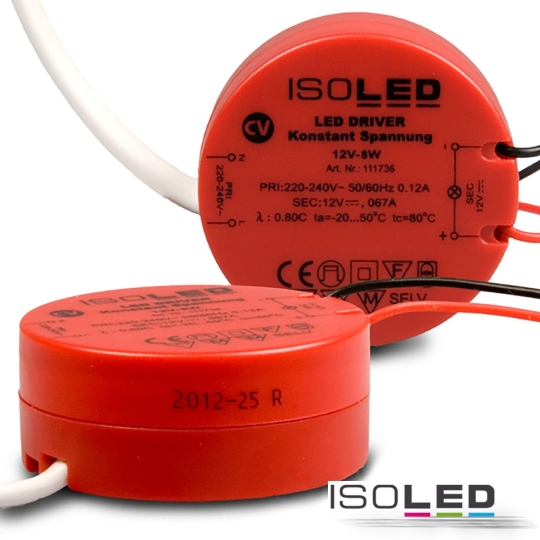 ISOLED LED transformer 12V/DC, 0-8W, round design, SELV