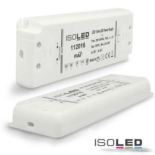 ISOLED LED transformator 12V/DC, 0-30W, ultra plat, SELV