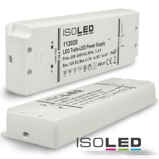 ISOLED LED transformator 12V/DC, 0-50W, ultra plat, SELV