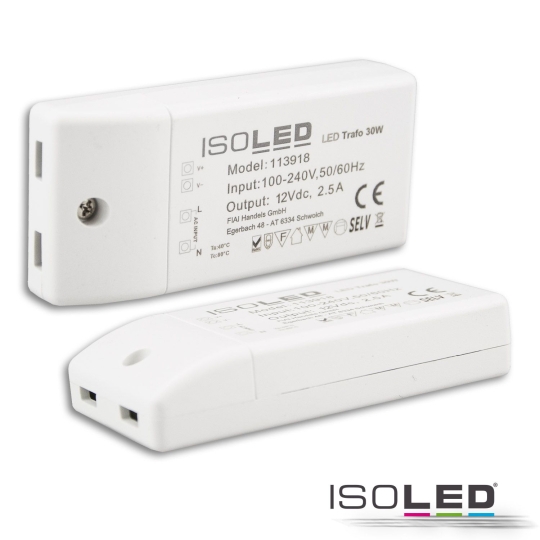 ISOLED LED transformator 12V/DC, 0-30W, compact, SELV