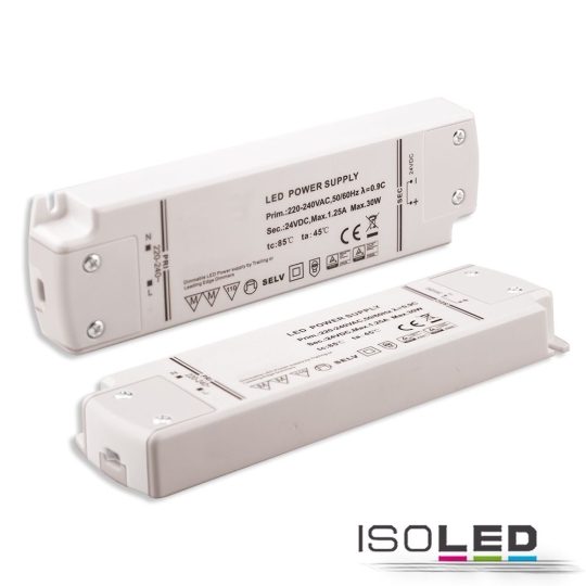 ISOLED LED transformer 24V/DC, 0-30W, dimmable (voltage sink)
