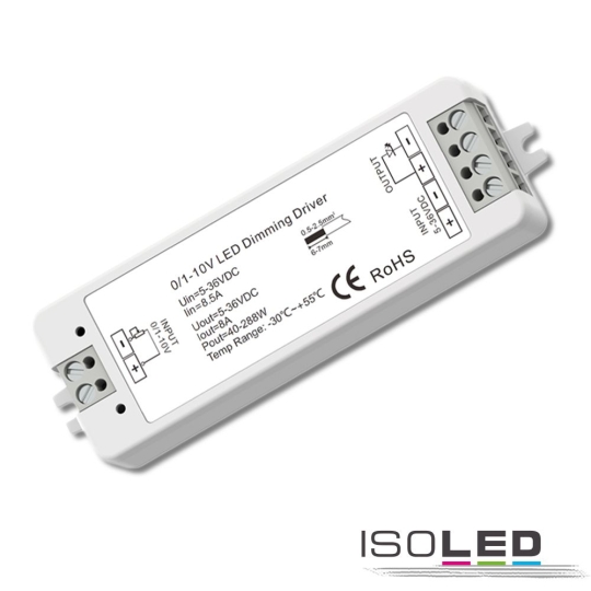 ISOLED 0/1-10V Input PWM-Dimmer, 1 Kanal, 5-36V DC 8A, 48V DC 4A