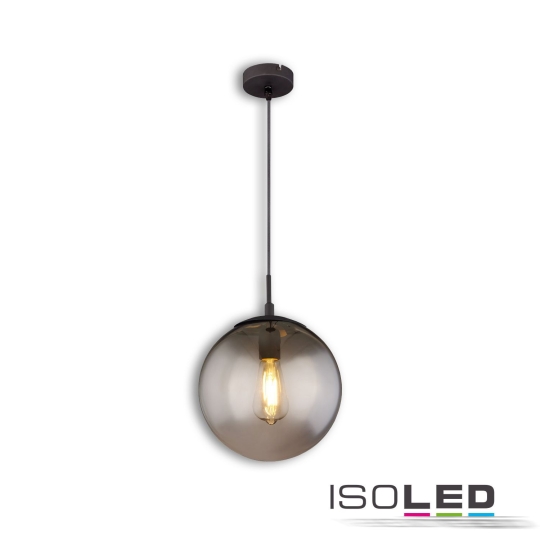 ISOLED hanging lamp metal black, round, smoked glass, 1xE27